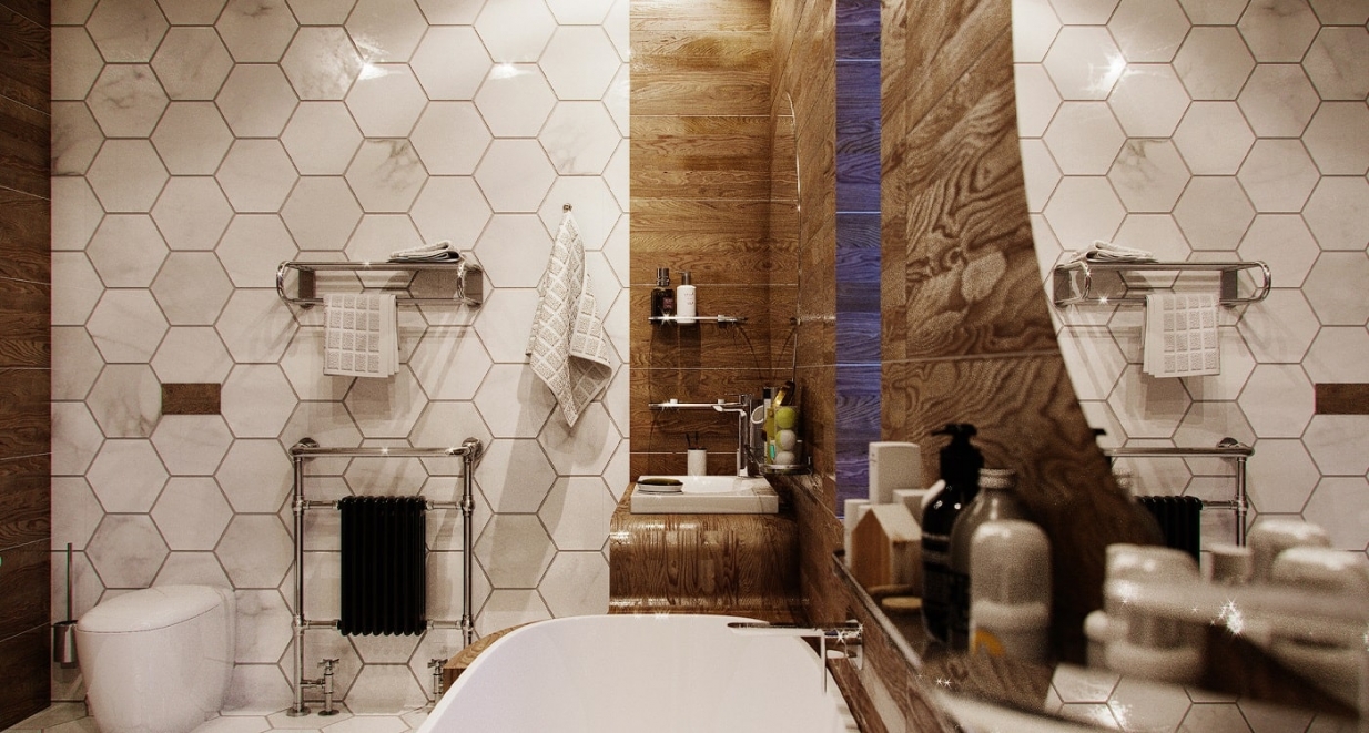 Дизайн ванной с отделкой из деревянных панелей
