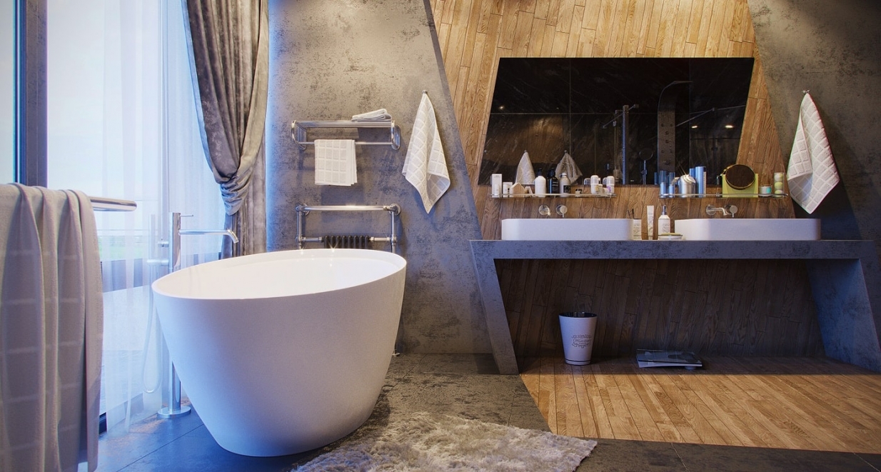 Дизайн ванной с деревянной отделкой в разных формах